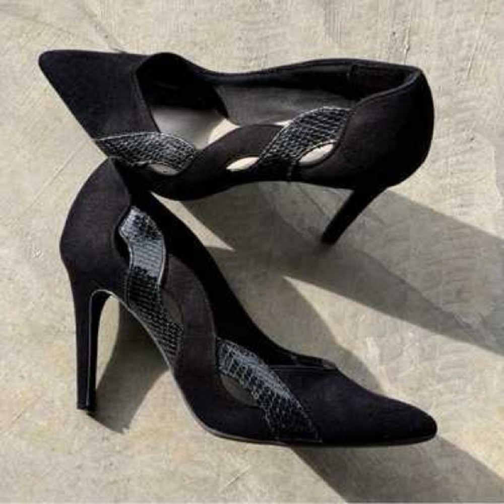 Fioni black pointy toe stiletto heels with snake print twist design